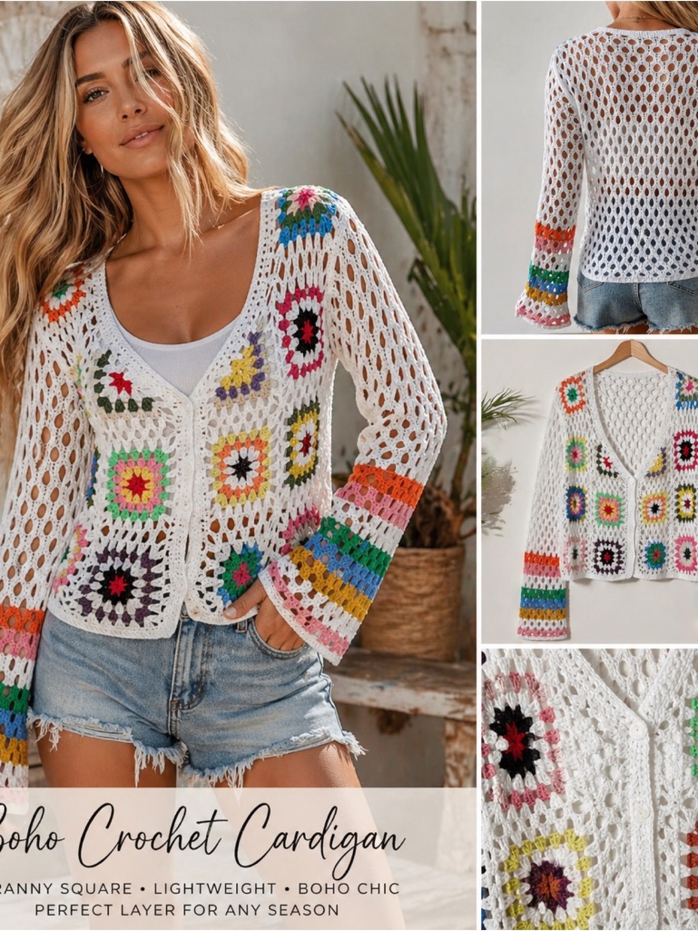 NWT Boho Crochet Cardigan - White with Multicolor Accents